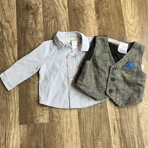 Koala Baby Boutique 3 mo Boy Dress Formal Blue Button Down Shirt and Gray Vest